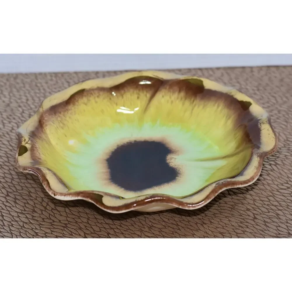Bay Keramik West German MCM Pansy Flower Yellow Green & Gold Glaze Ceramic Bowl